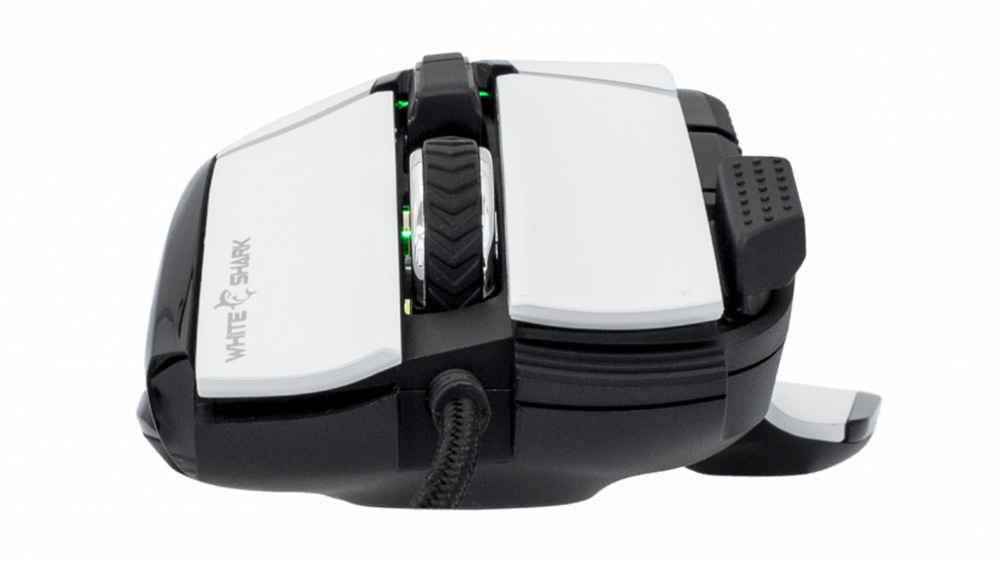 Herní myš White Shark MARROK GM-9006 white RGB v bílém provedení na neutrálním pozadí s pohledem zepředu